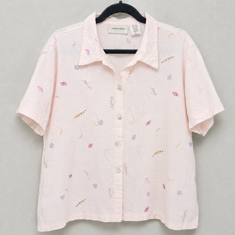 Vintage Y2K Lemon Grass Linen Blend Blouse Womens Large Pink Floral Beaded...